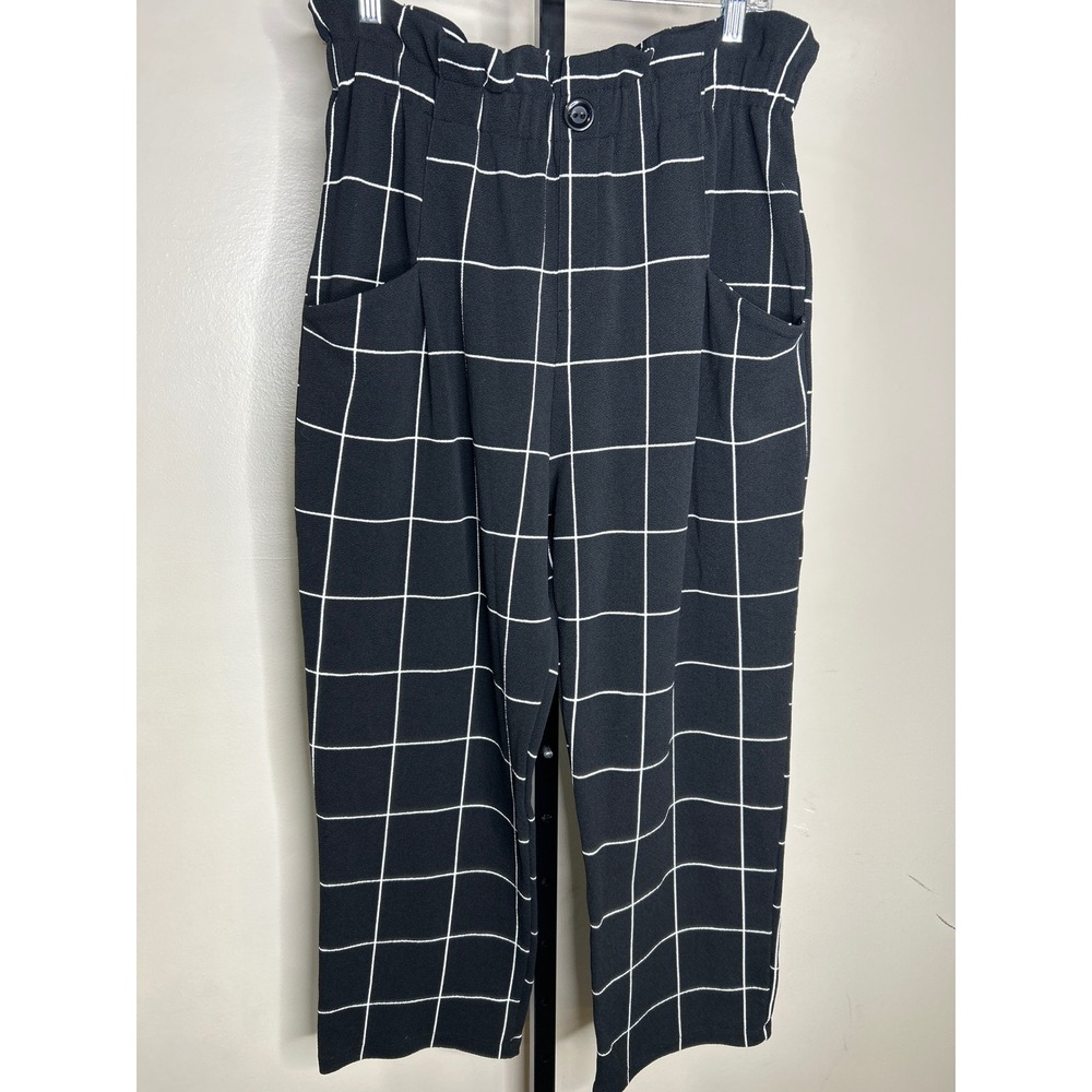 Alice XL Blue Black White Windowpane Grid Paperbag Waist Wide Leg Crop Pants